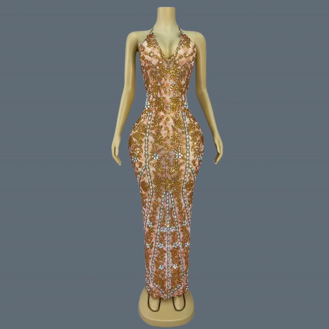 Women's Sexy Backless Strap Deep V Neck Dress Elegant Rhinestone Evening Dress Birthday Celebrate Party Queen Maxi Dress huangye as shown