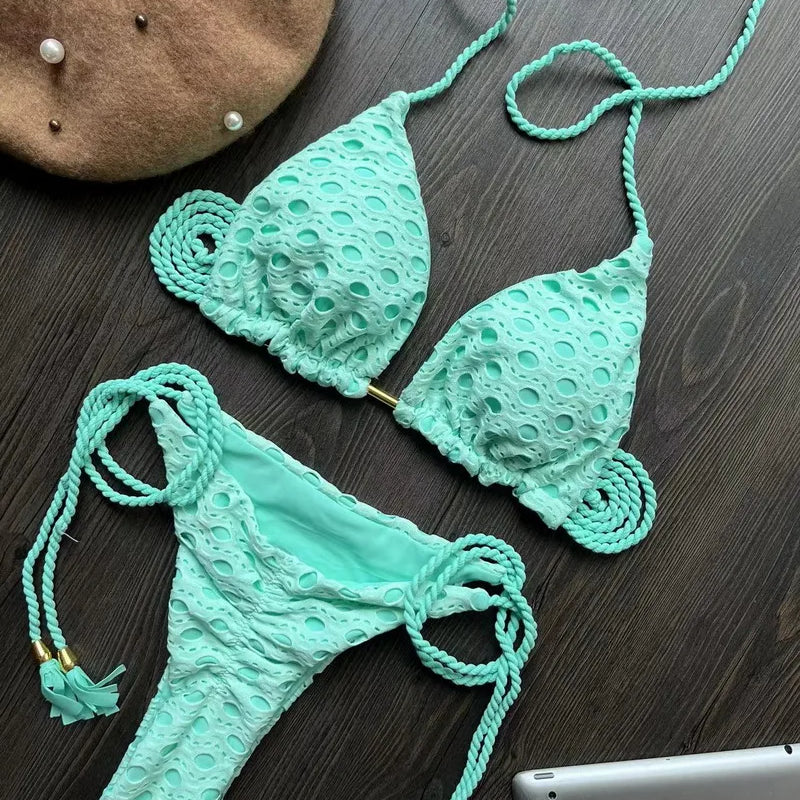 Para Praia Hollow Out Bandage Swimwear Halter Bikini Set Thong Swimsuit Women Biquini Brazilian Bathing Suit Beachwear 8291