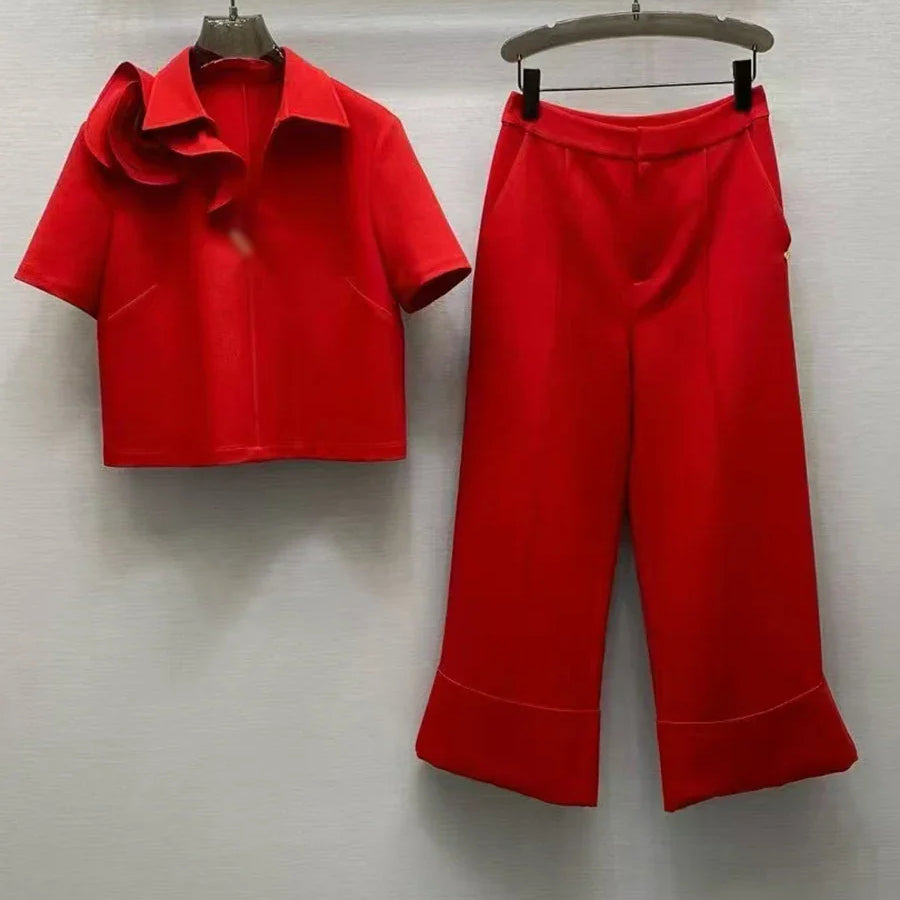 Solid Elegant Two Piece Sets for Women Lapel Short Sleeve Spliced 3D Flower Top High Waist Wide Leg Pant Set Female RED