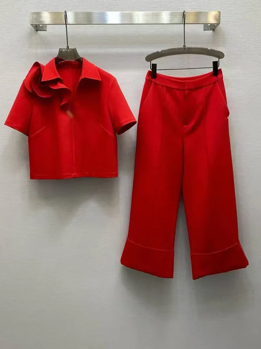 Solid Elegant Two Piece Sets for Women Lapel Short Sleeve Spliced 3D Flower Top High Waist Wide Leg Pant Set Female RED