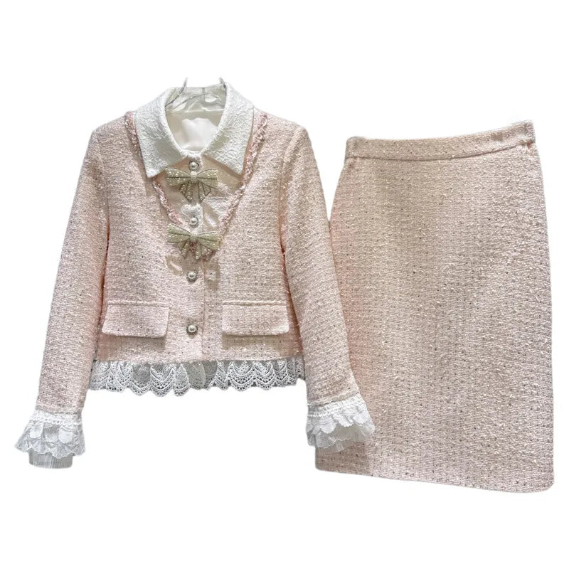 Autumn Winter New Fashion Sweet Pearl Bow Tie Down Short Coat Midi Skirt Tweed Two-pieces Set For Women 11A07717