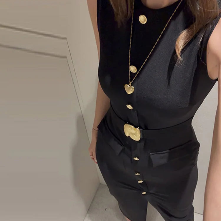 Elegant Split Women 's Maxi Dress O-neck Sleeveless Single Breasted Waist Cinching Pocket Female Dressess Summer Lady Vestidos