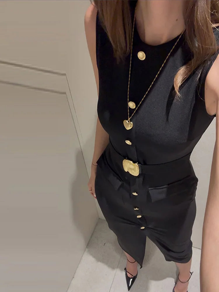 Elegant Split Women 's Maxi Dress O-neck Sleeveless Single Breasted Waist Cinching Pocket Female Dressess Summer Lady Vestidos