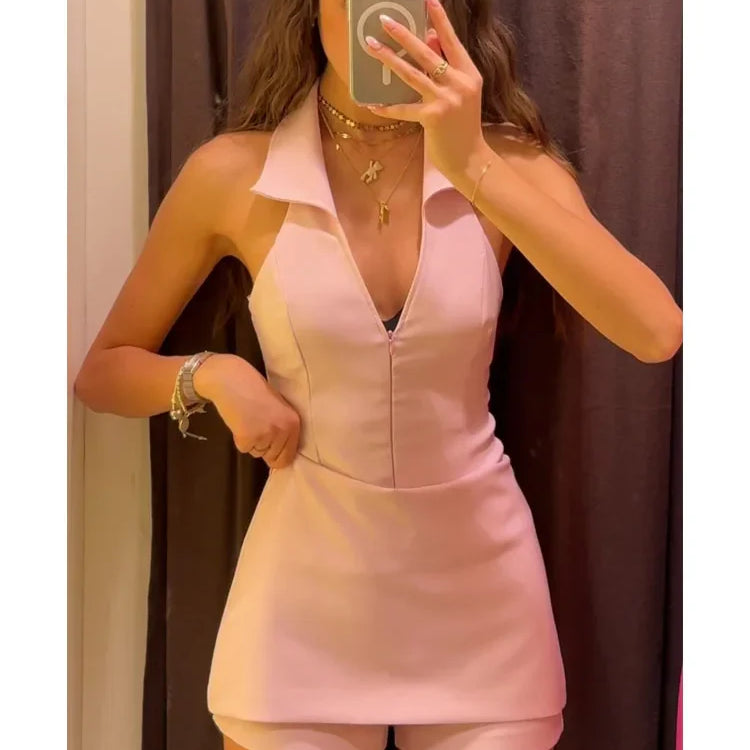 TRAFZA Women Pink 2 Piece Set Sexy V-Neck Sleeveless Backless Suspender Zipper Top+High Waist Back Pocket Mini Skirts Shorts Y2K