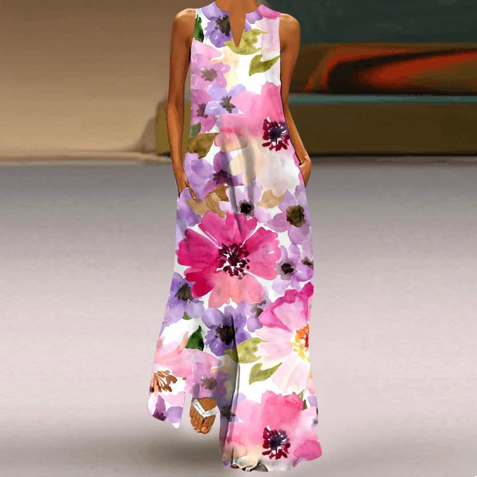 Fashionable Women's Hollow V-neck Maxi Dress Fresh Flower Print Sleeveless Loose Straight Beach Seaside Vacation Long Dress B43QZXG727814