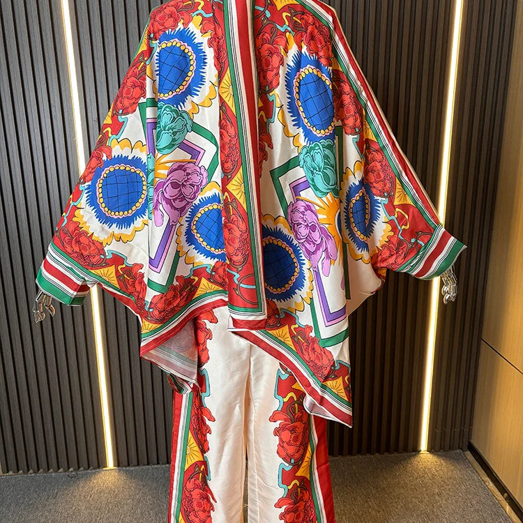 ZARATRAFnew summer women's silk texture printed trousers suit shirt bat shirt + positioning printed high waist trousers