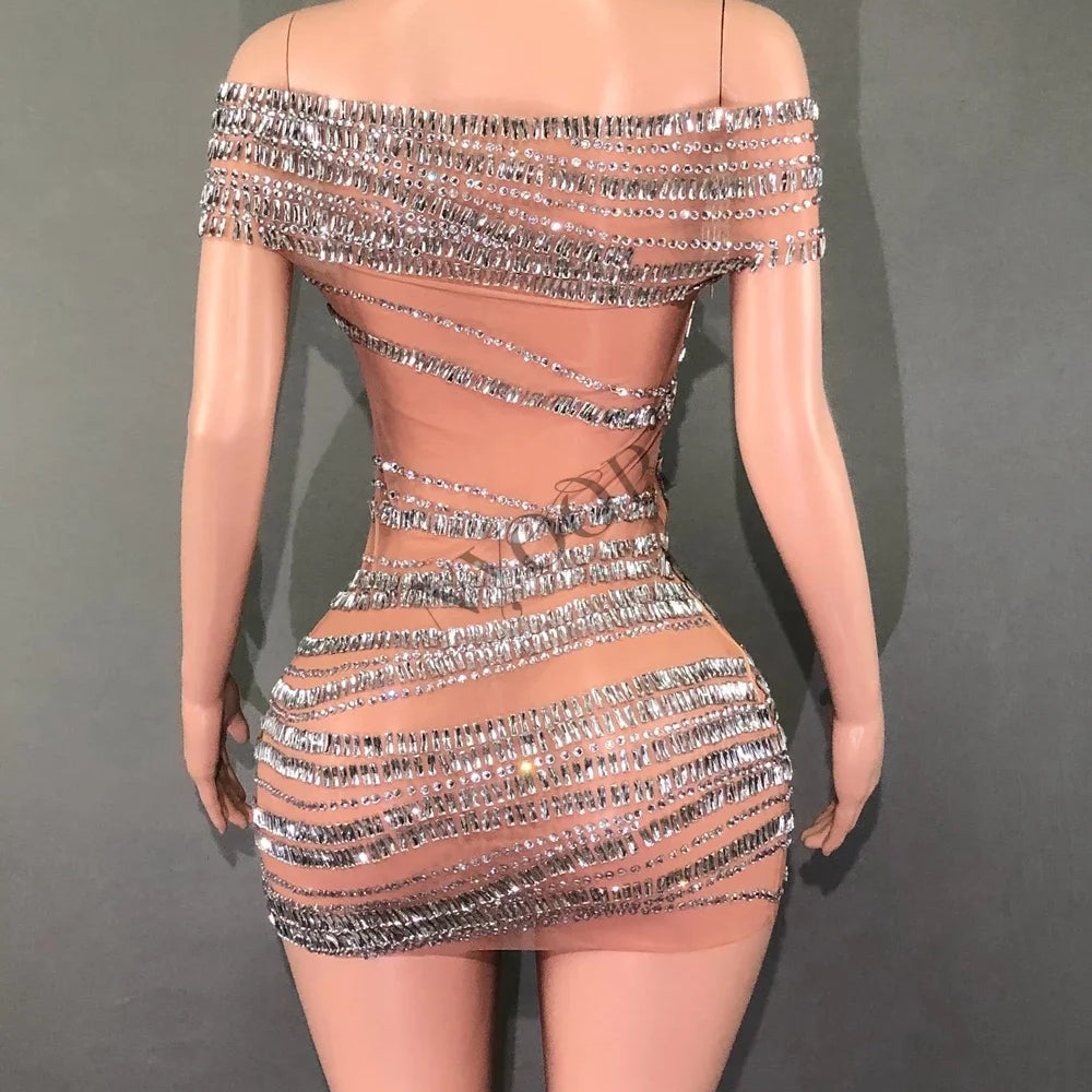 STOCKSparkly Rhinestones Short Dress for Women Sexy Off-shoulder See Through Evening Celebrate Birthday Dress Photo Shoot Stage