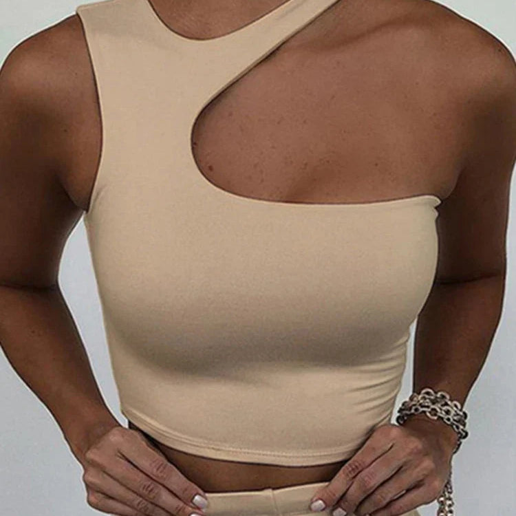 Cut Out Sexy Crop Off Shoulder Solid Skinny Sport Short Tops Women Tank Irregular Summer Tube Tops Khaki