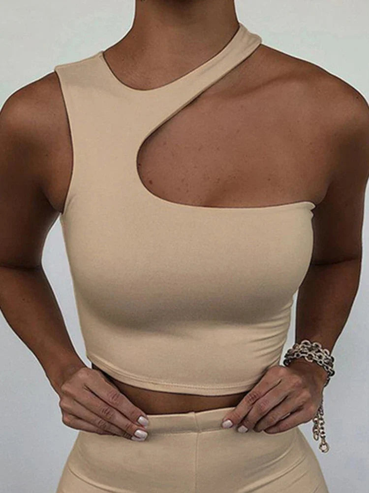 Cut Out Sexy Crop Off Shoulder Solid Skinny Sport Short Tops Women Tank Irregular Summer Tube Tops Khaki