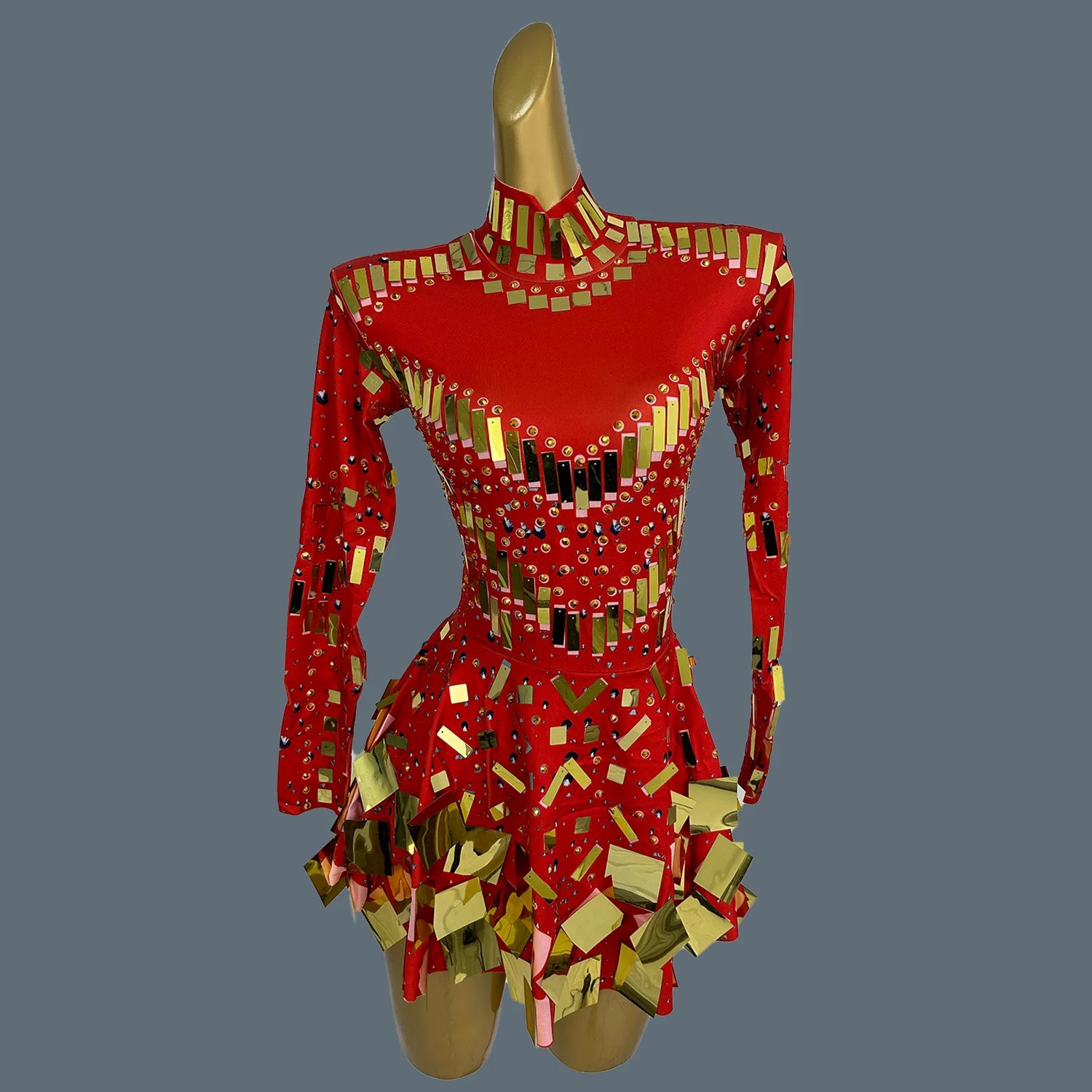 Fancy Sequins Pleated Mini Dress for Hot Girls Bar Nightclub Stage Show Outfit Dance Performance Wear Dance Troupe Outfit Xieshi Red Gold One Size