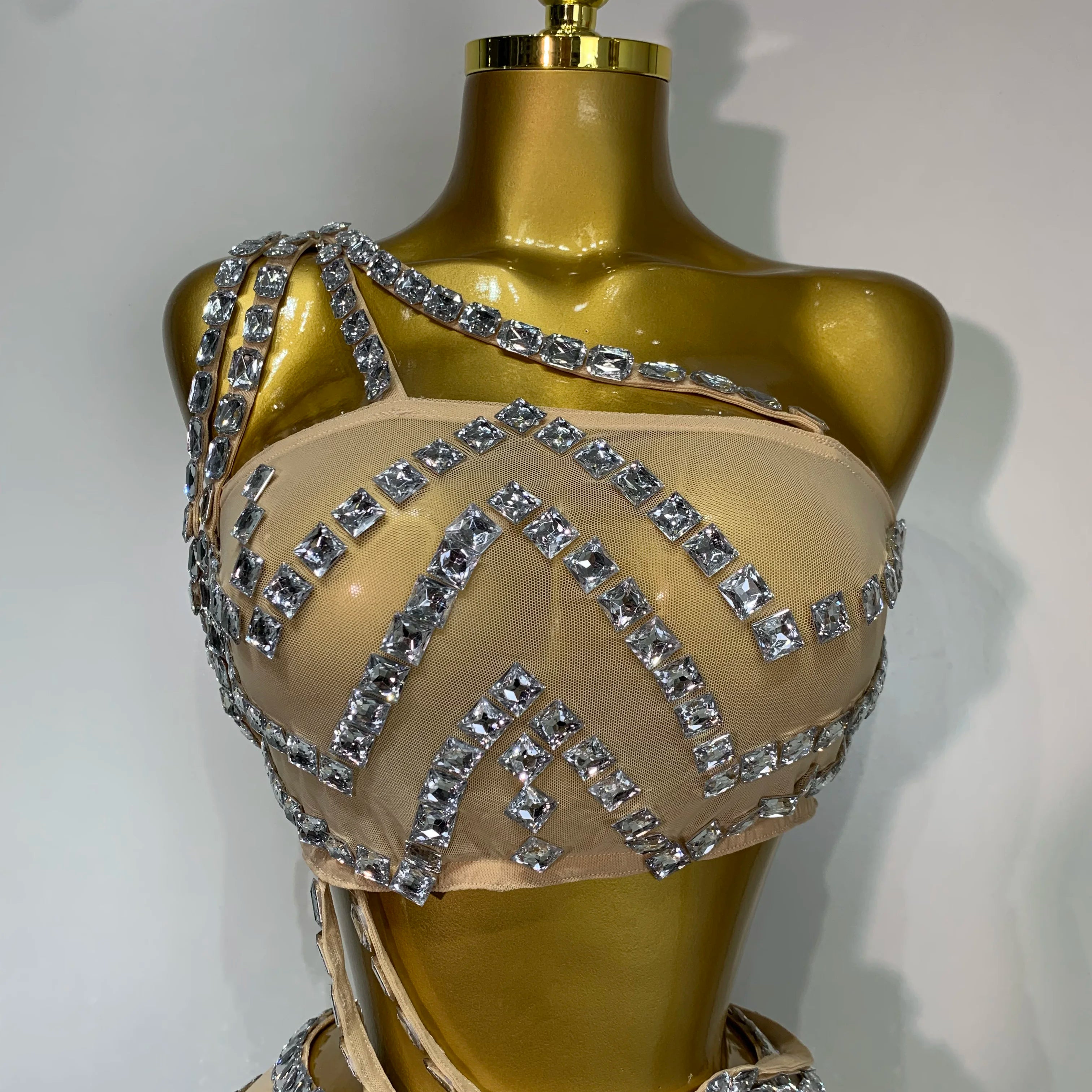 Luxury Diamonds Sexy Mesh Perspective Two Pieces Outfit Performance Dancer Singer Costume Nightclub Women's Set Birthday Wear