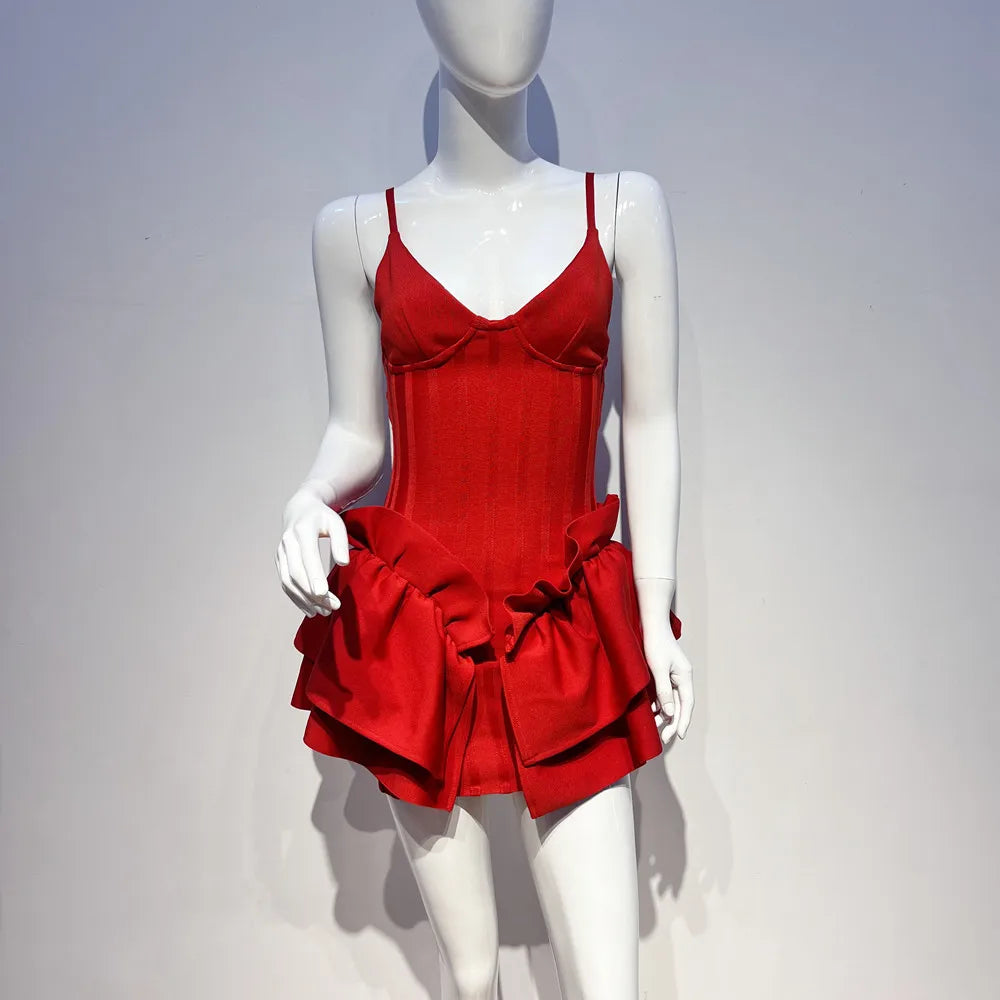 Red Color Women Sexy Sleeveless V-Neck Bodycon Mini Bandage Dress Ruffles Fashion Celebrate Nightclub Party Birthday Dress