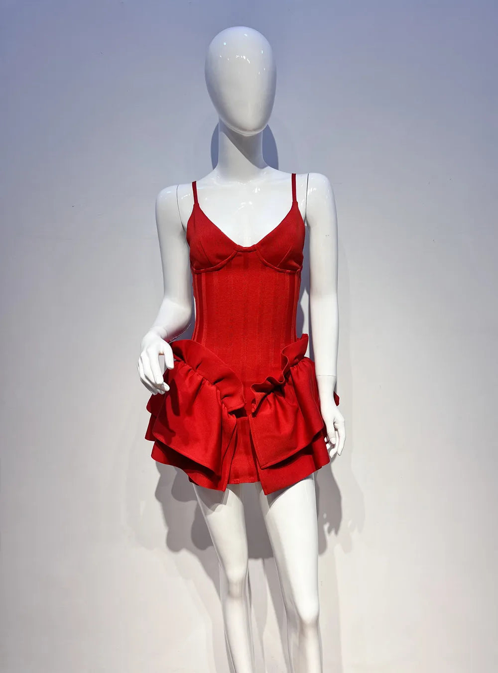 Red Color Women Sexy Sleeveless V-Neck Bodycon Mini Bandage Dress Ruffles Fashion Celebrate Nightclub Party Birthday Dress