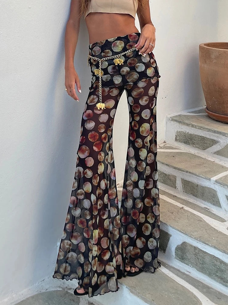 Mozision Mesh Leopard Print Trousers Woman Fashion High Waist Print Wide Leg Pants Female Elegant Printed Long Pants Bottoms black