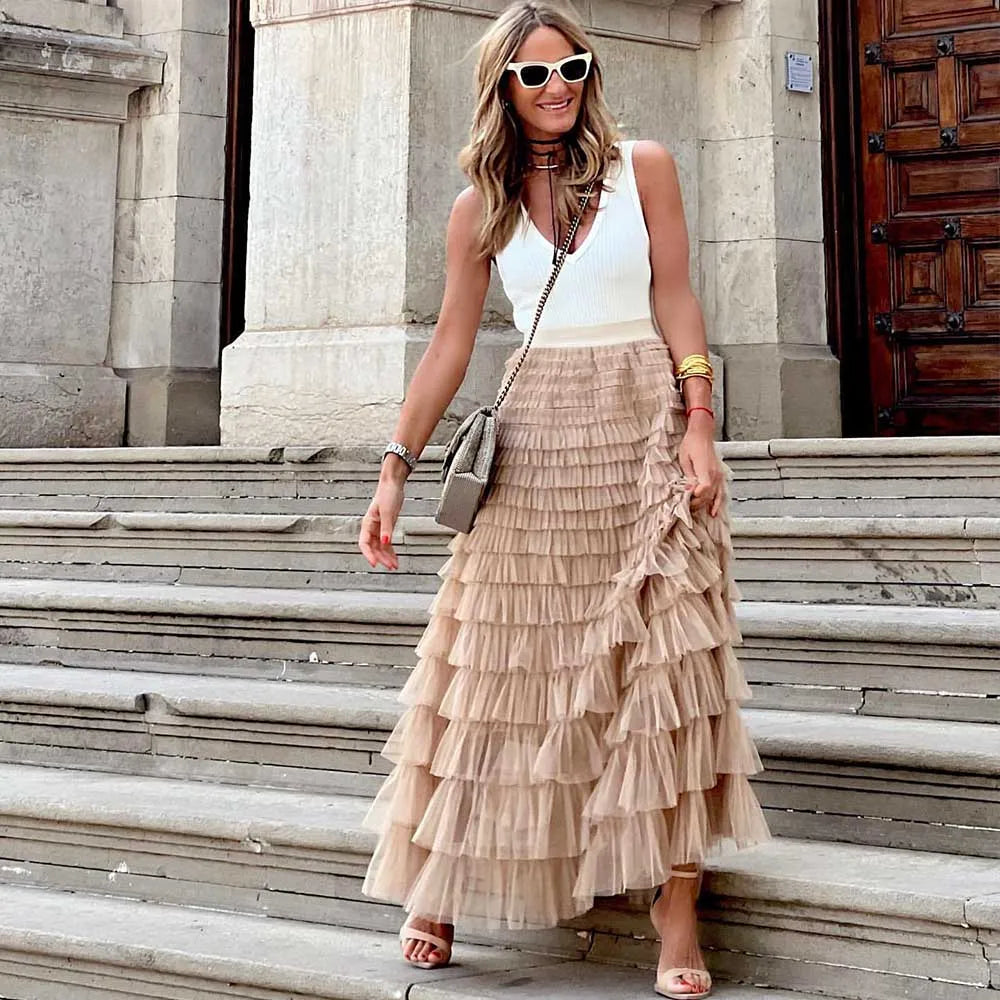 Casual Womens Solid Ball Gown Long Skirt Tulle High Waist Pleated Tutu Skirt Elegant Ladies Wild Mesh Dating Maxi Skirts Drop Khaki