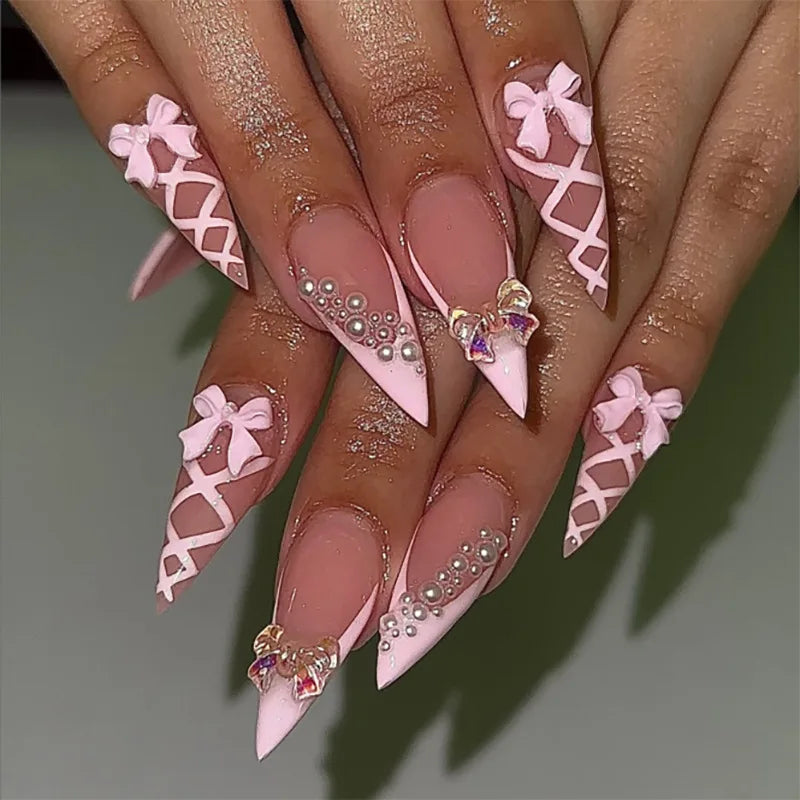 24Pcs Long Almond False Nails Press on Pink French Stripe Design Fake Nails 3D Bow Pearl Reusable Finished Full Cover Nails Tips JP4005