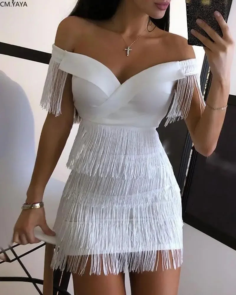 New Winter Women Solid Slash Neck Sleeveless Dress Empire Tassel Sheath Mini Dress Sexy Night Club Wear Bandage Dresses LZR3399 WHITE