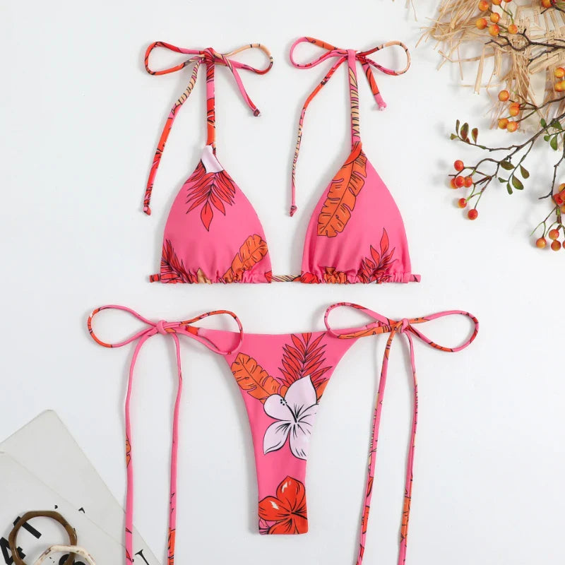 Sexy Flower Print Bikini 3 Women Swimsuit Female Swimwear Thong Bikinis Set Brazilian Halter Beach Wear Bathing Suit