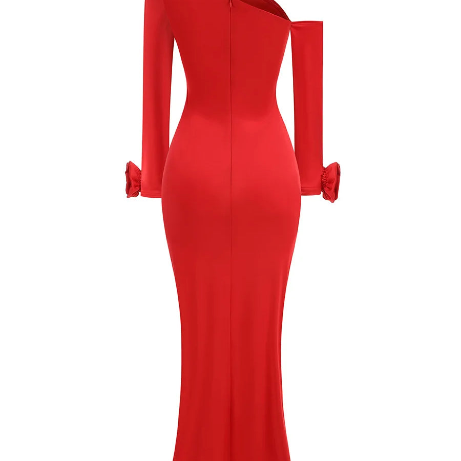 Women Celebrity Sexy Off Shoulder Flower Red Ruched Maxi Long Gowns Dress 2024 Elegant Evening Party Club Vestido