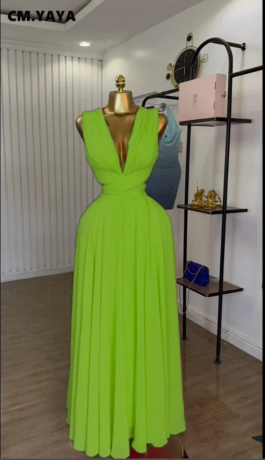 CM.YAYA Women Sleeveless Cutout Back Wrap V-neck Pleated A-line Chiffon Maxi Long Dress Birthday Vacation Sexy Party Dresses