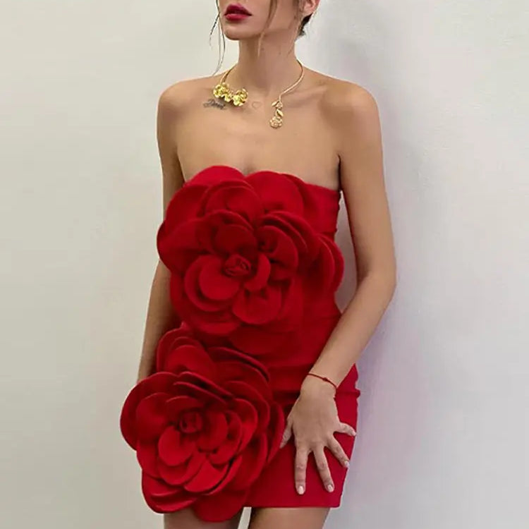 Women Red 3d Flower Strapless Short Dress Elegant Backless Sleeveless High Waist Mini Dresses Fashion Banquet Chic Robes