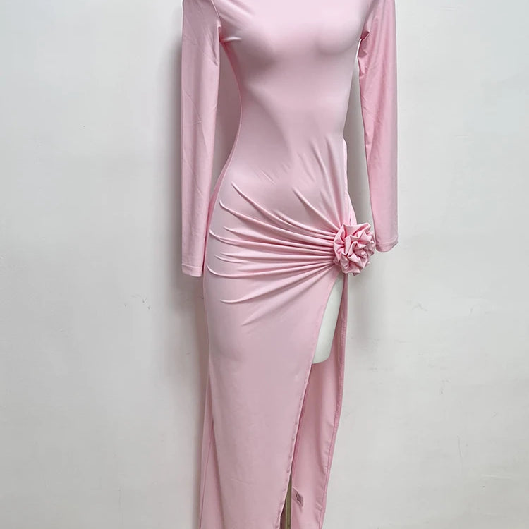 Pink Long Dresses For Women Chic And Elegant Long Sleeve Hollowed Out 3D Flower Pleated High Slit Celebrity Party Gown