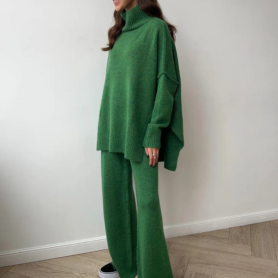 2025 turtleneck sweater set women's European, American autumn and winter new loose casual lazy thickened knitted trousers set dark green