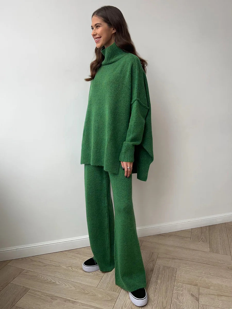 2025 turtleneck sweater set women's European, American autumn and winter new loose casual lazy thickened knitted trousers set dark green