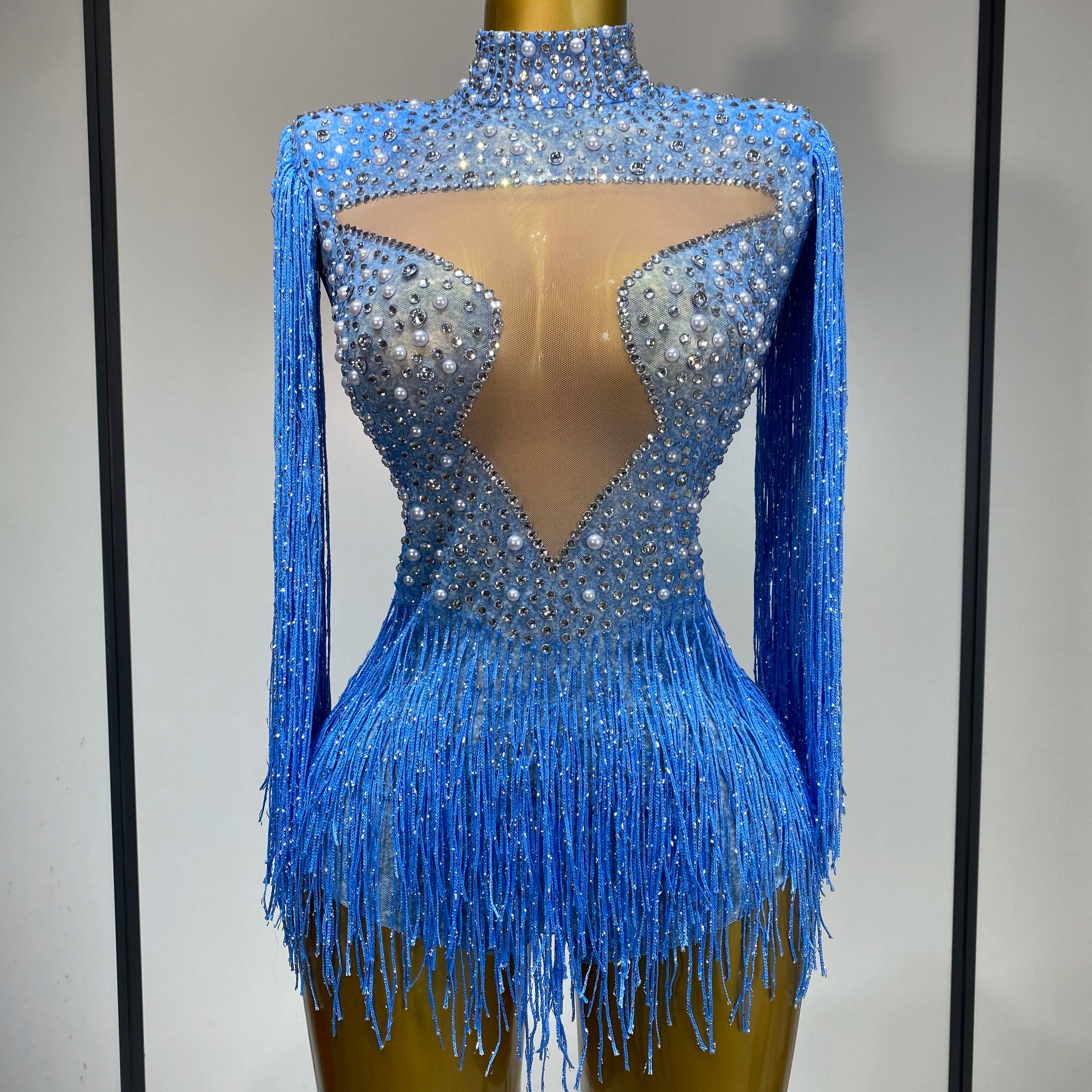 Sparkly Luxury Tassel Bodysuit High Street Strech Transparent Performance Dance Costume Nightclub Celebrate Stage Outfit Blue