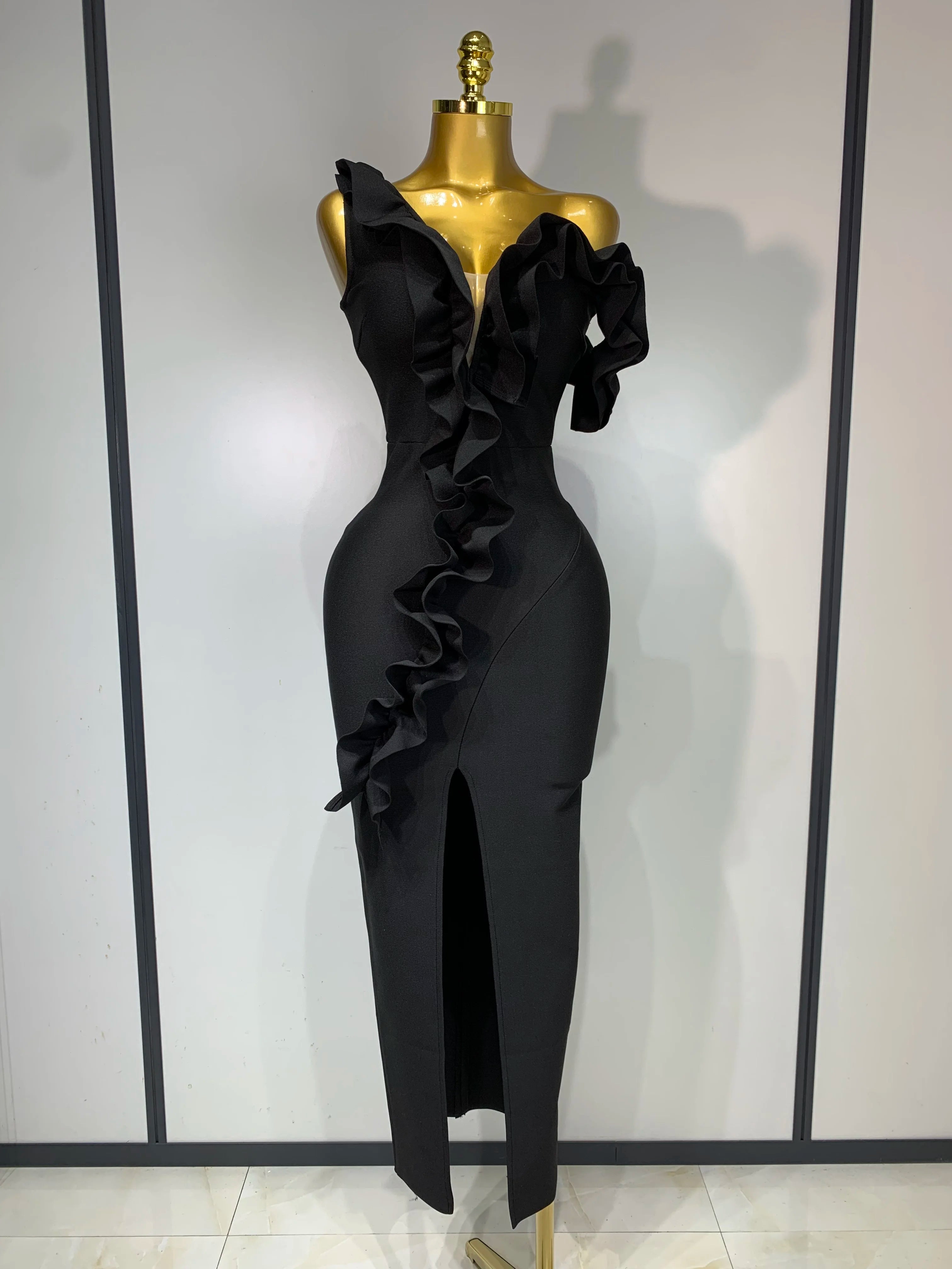 Women Sexy Backless Ruffles Bodycon Split Bandage Dress 2025 Celebrity Elegant Evening Party Luxury Birthday Dresses black