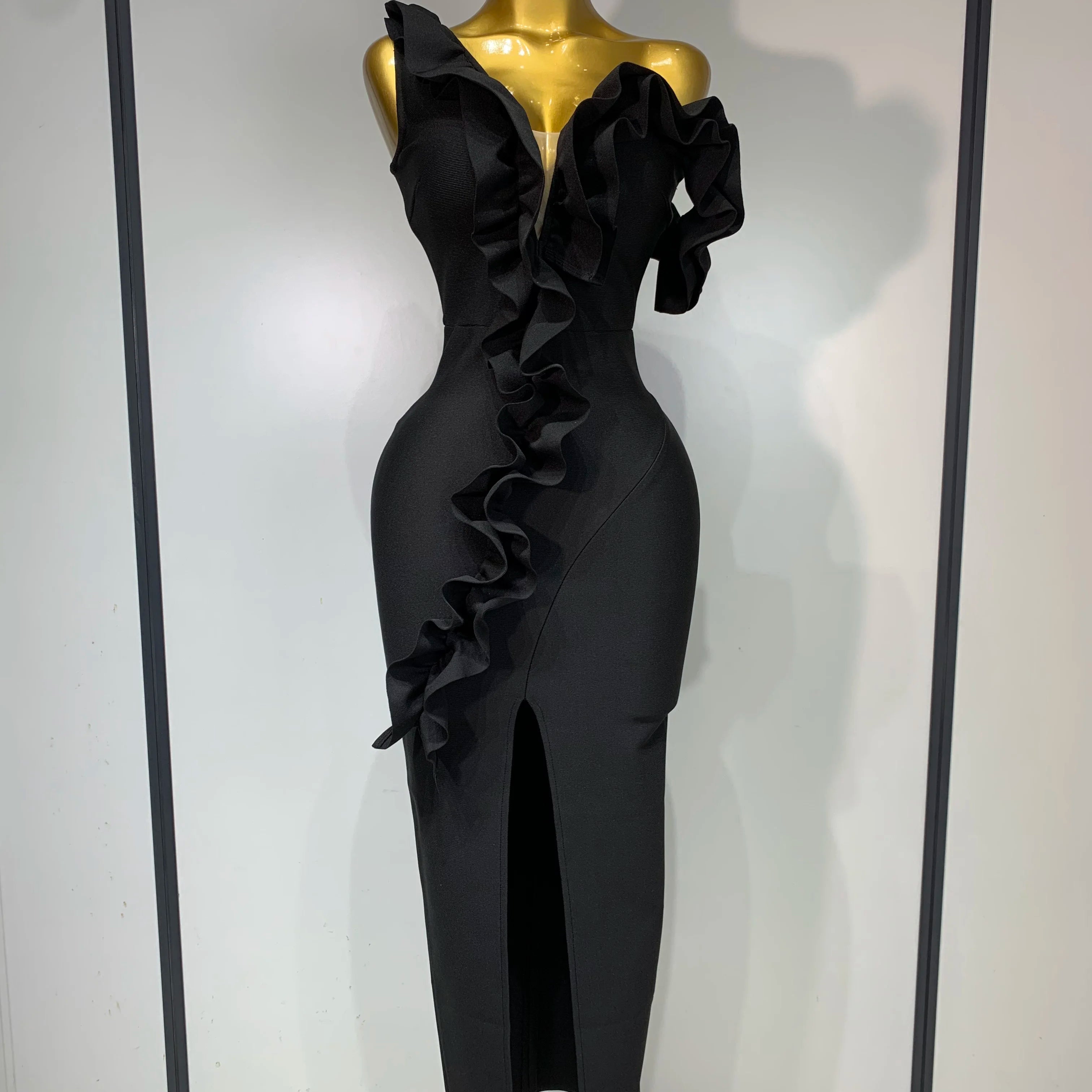 Women Sexy Off Shoulder Ruffles Midi Bodycon Bandage Dress 2025 Knitted Celebrity Elegant Evening Luxury Club Party Dresses black