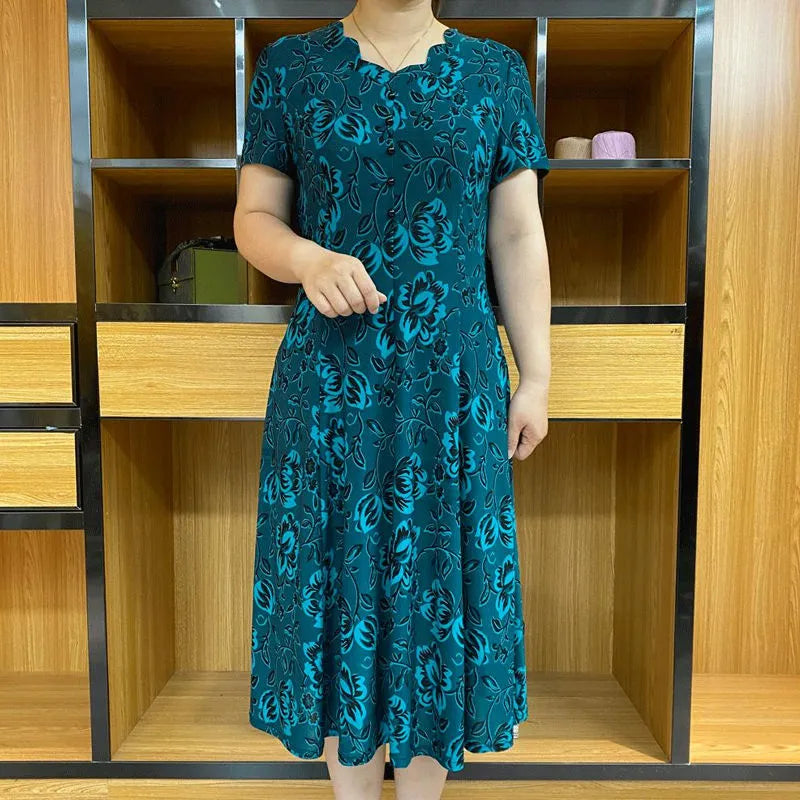 Vacation New Jacquard 2024 Summer Fashion Female Clothing V-Neck Splicing Floral Printing Short Sleeve Middle Length Dresses Blue