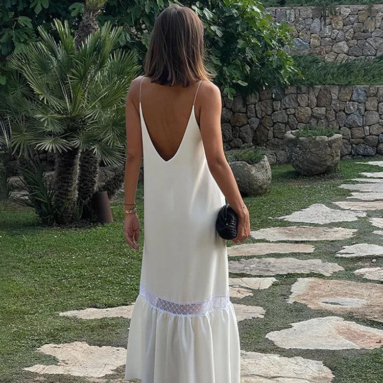 Elegant Women's Backless Satin Maxi Dress Casual Loose V Neck Side Splited Strap Robe 2024 Summer Female Vacation Beach Sundress Brown