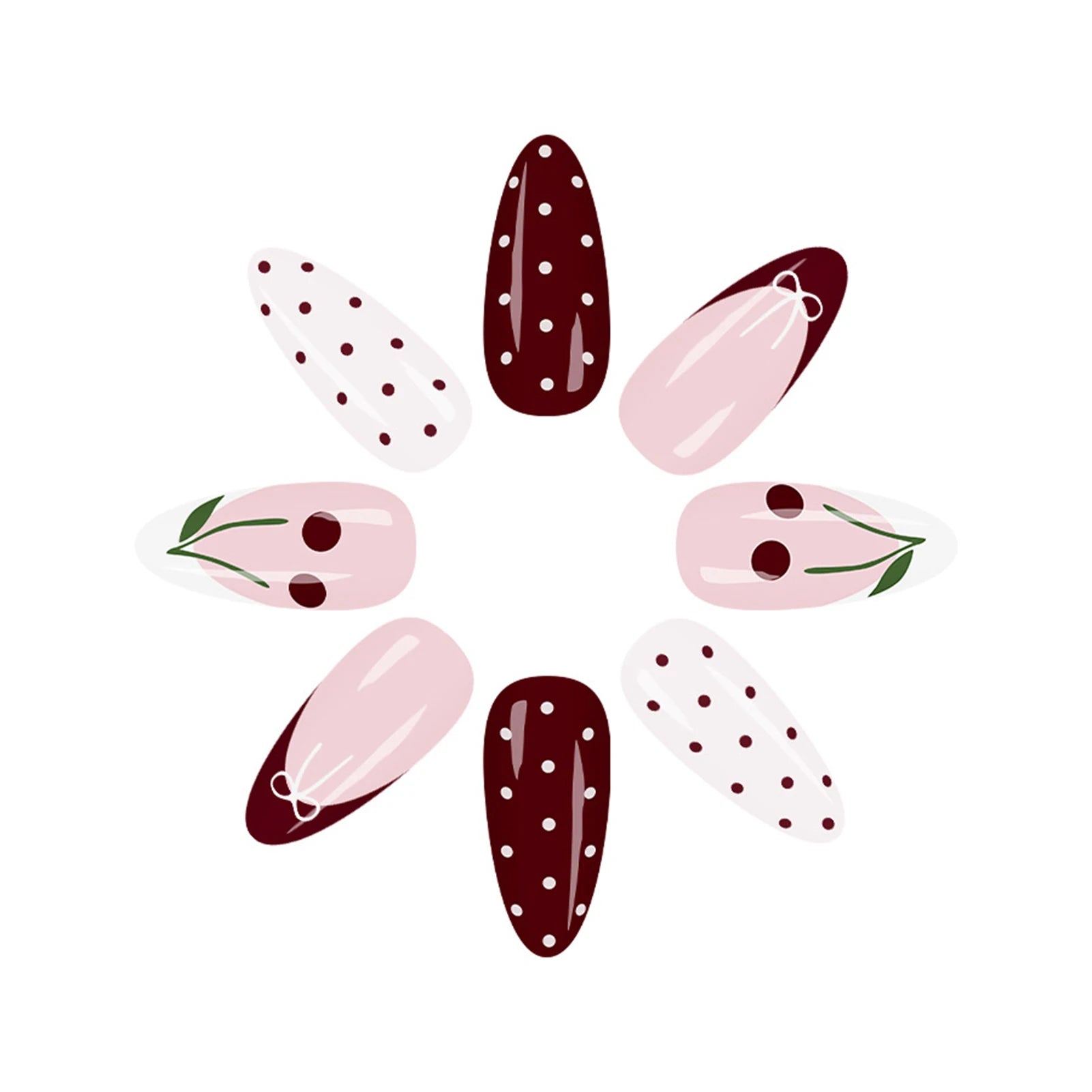 24Pcs Wine Red Almond Fake Nails with Polka Dot/Bowknot/Cherry Designs French Press On Nails Women Girls New Year Charm Manicure