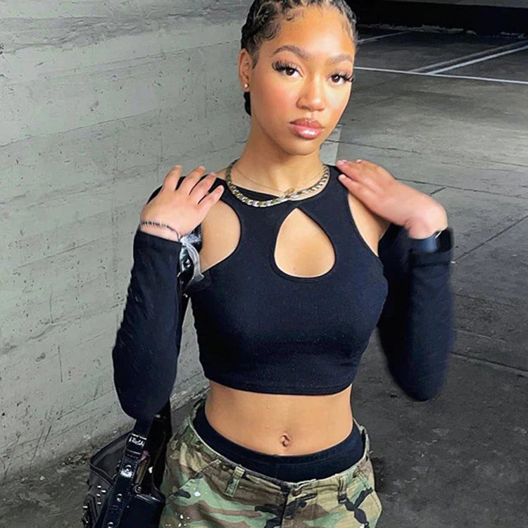 2023 Summer Long Sleeve Cropped Corset Women Top Sexy Aesthetic Club O Neck Fairy Grunge Black Women's T-Shirt