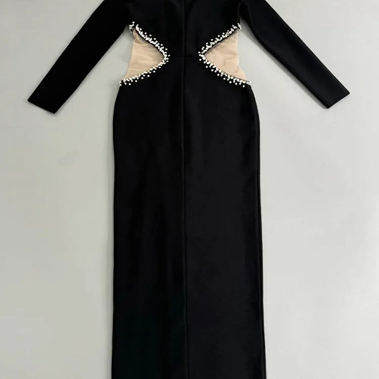 Women Celebrity Sexy Long Sleeve V Neck Beading Mesh Black Maxi Long Bandage Dress 2025 Elegant Evening Club Party Outfit