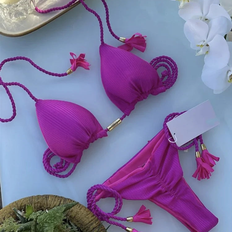 New Women Bikini Backless Rope Triangle Swimsuit Multicolor 8236