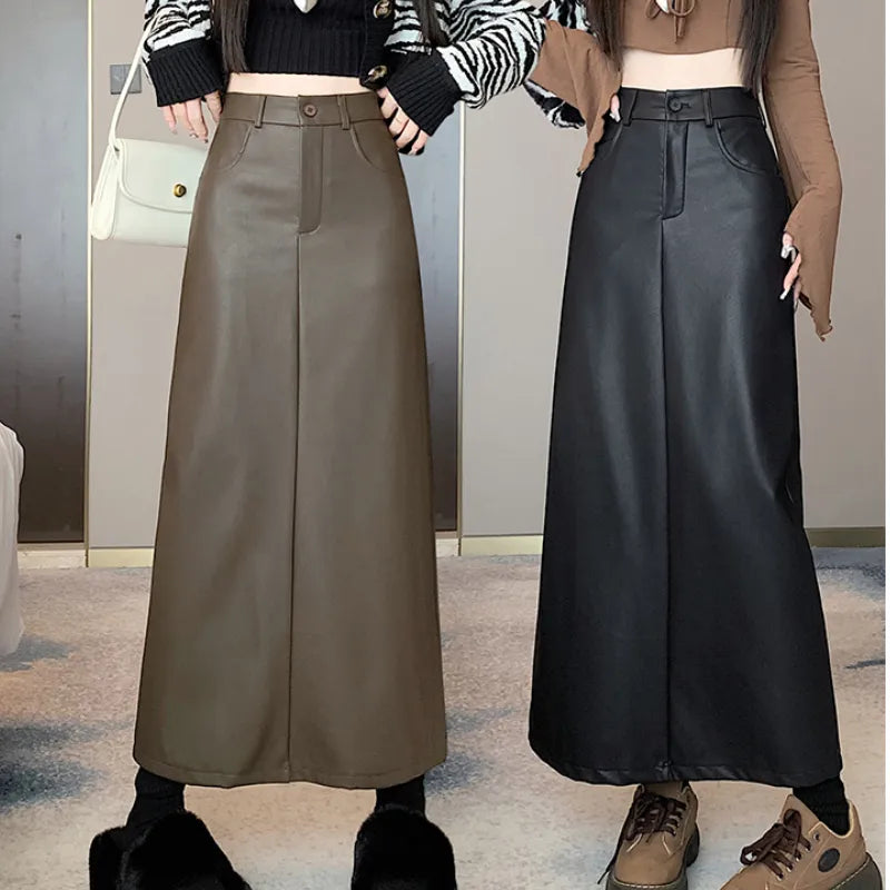 Vintage PU Leather Slit Skirt Women Fall Winterhigh-waisted Slimming Long A-line Skirts Female Fashion All Match Faldas Mujer