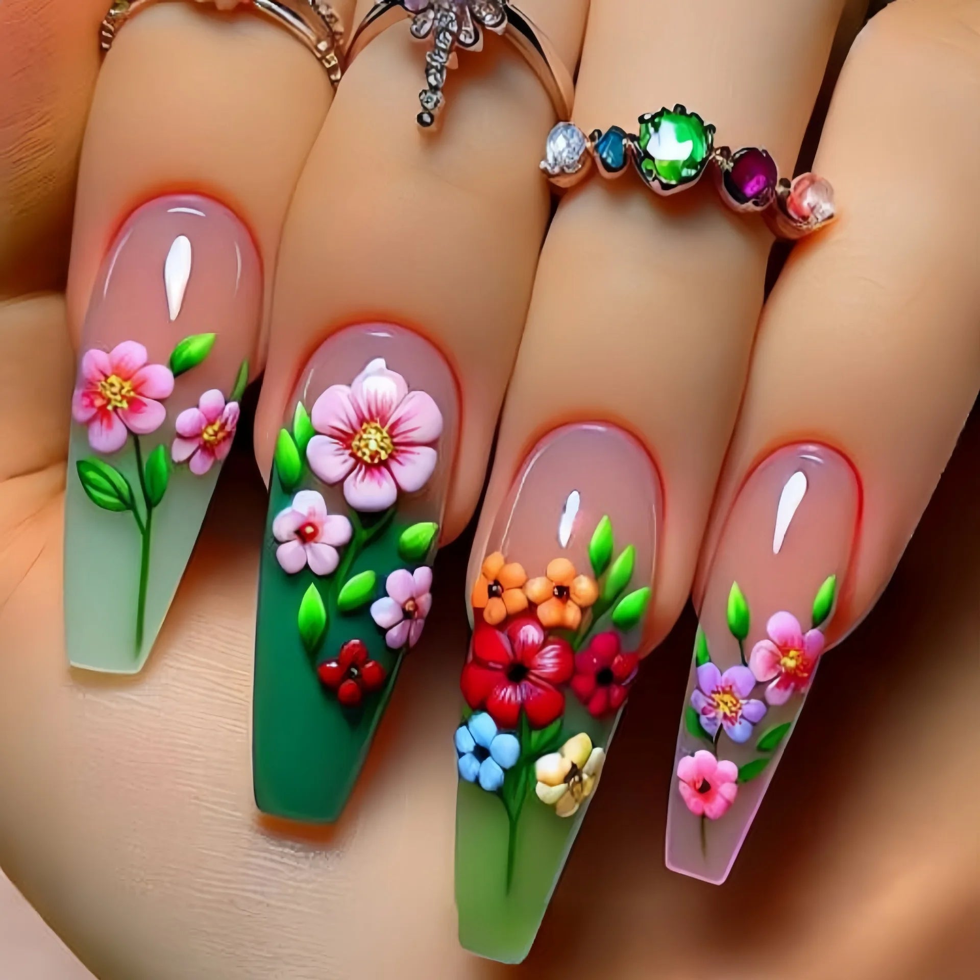 24pcs/set Medium long fake nails Gradient blue ocean fish sun flowers butterfly square ballet summer tips press on false nail 2356