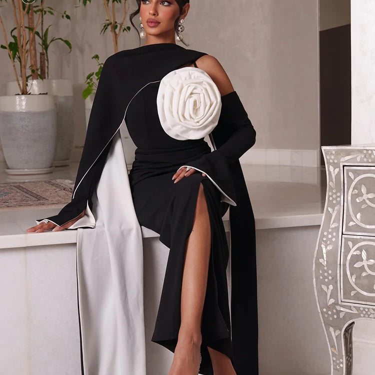 VC Summer New Simple Black Crepe 3D Flowers Mermaid Prom Dress 2024 Slim Long Sleeve Ankle-Length Formal Evening Dress