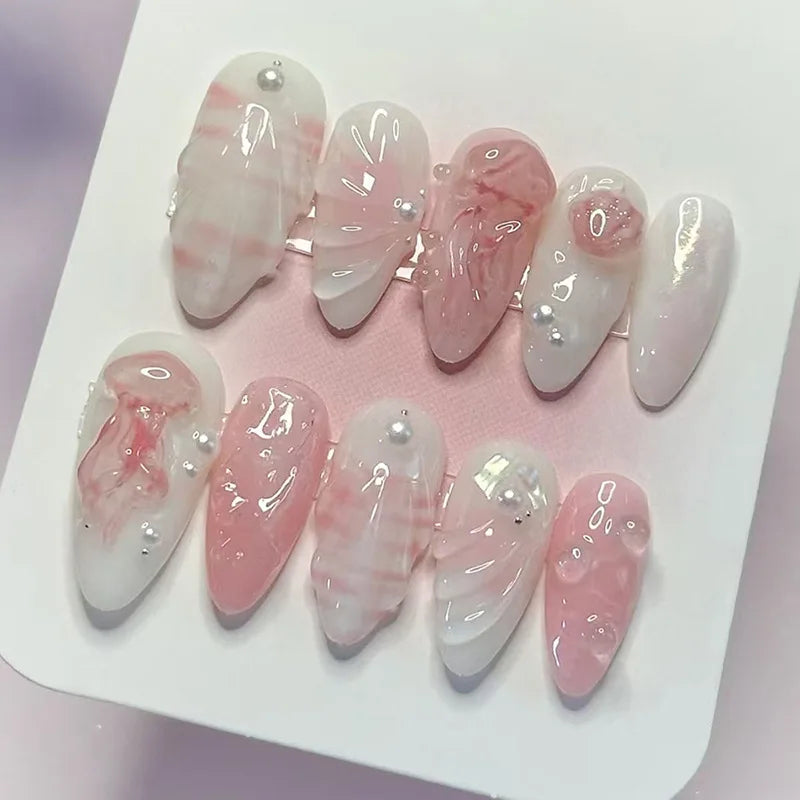24Pcs Green Oval False Nails with Strawberry Design Wearable Mid-length Almond Press on Fake Nails Rabbit Pattern Nail Art Tip 1130