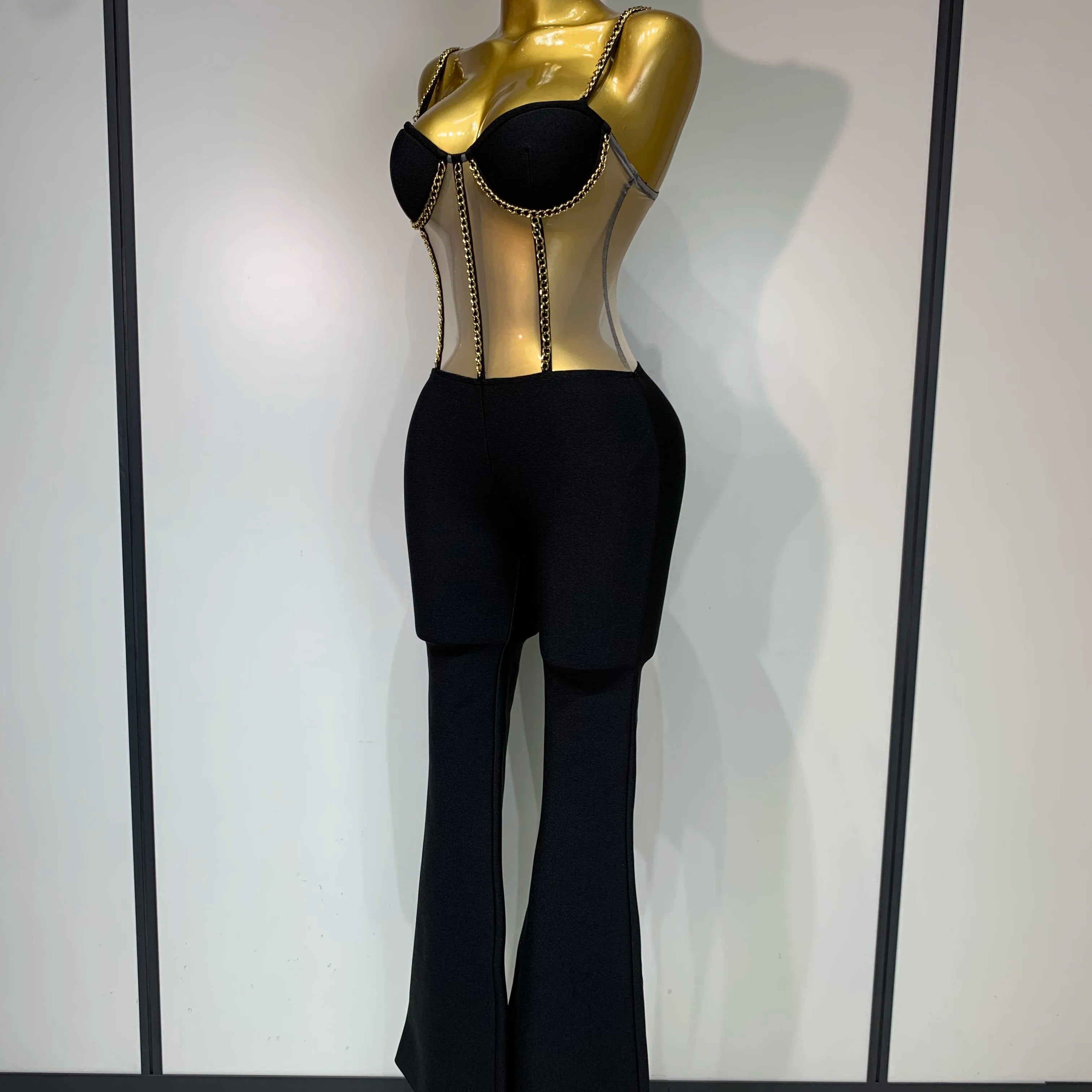 Women Luxury Sexy Sleeveless Mesh Chain Black Bodycon Bandage Jumpsuit 2025 Fashion Party Celebrity Designer High Street Rompers
