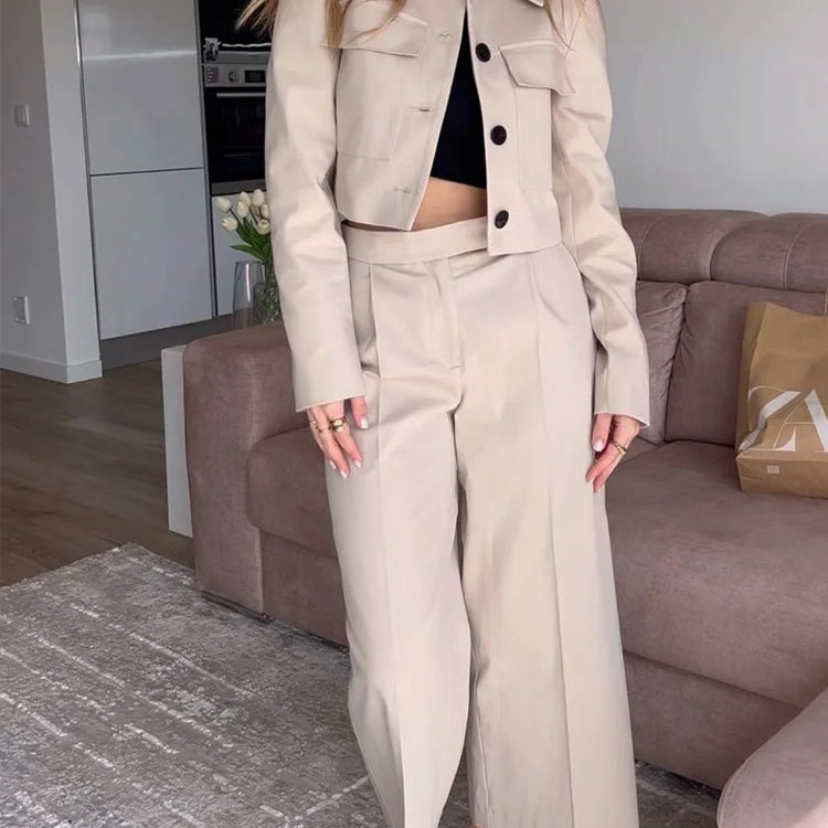 TRAF Spring Women's Fashion Beige Blazer Suit Single Breasted Jacket Women's High Waist Casual Baggy Pants 2-piece Set