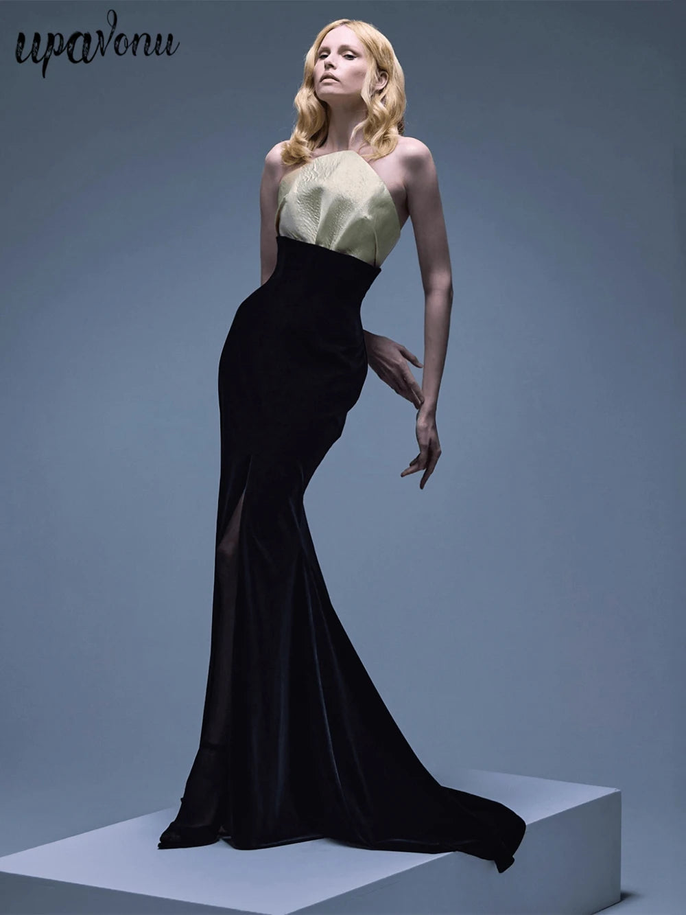 UpAvonu Elegant Strapless Patchwork Velvet Mermaid Long Dress Women Sexy Sleeveless Folds Slim Evening Runway Party Gown