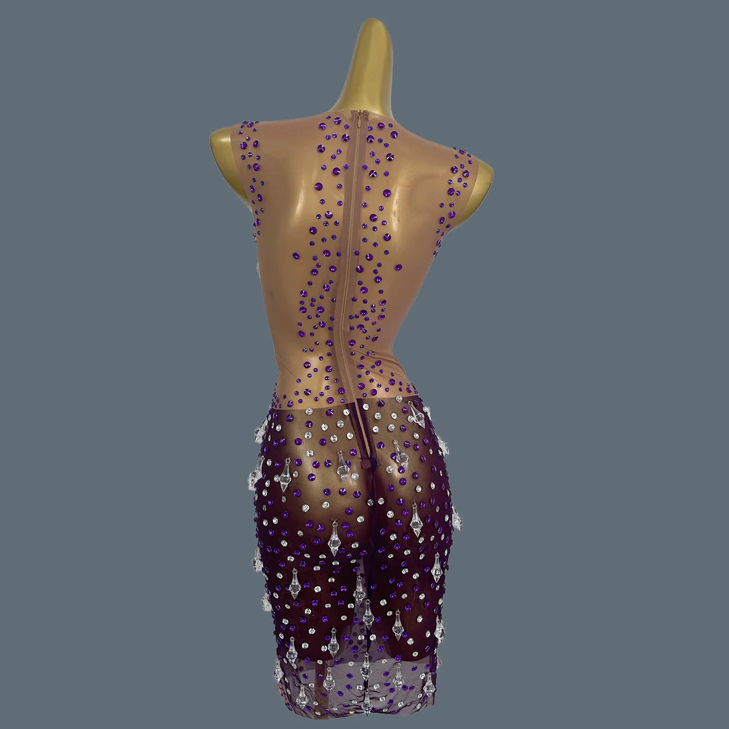 Purple Chic Dress Shine Rhinestone Crystals Sheer Mesh Hot Mini Dress Celebrate Party Wear Sheath Dress See Through Dress Shizhu