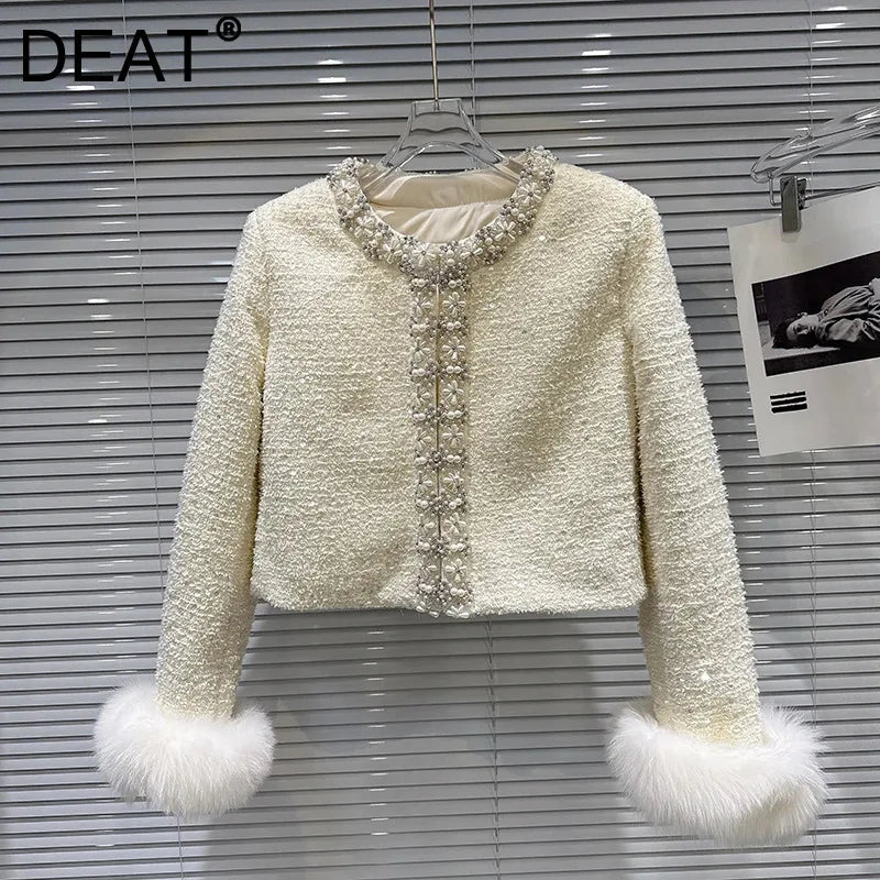 Winter New Fashion Elegant Fox Fur Sleeve Rhinestone Edge Cotton Inner Short Coat For Women High Waist Jacket 11A07769