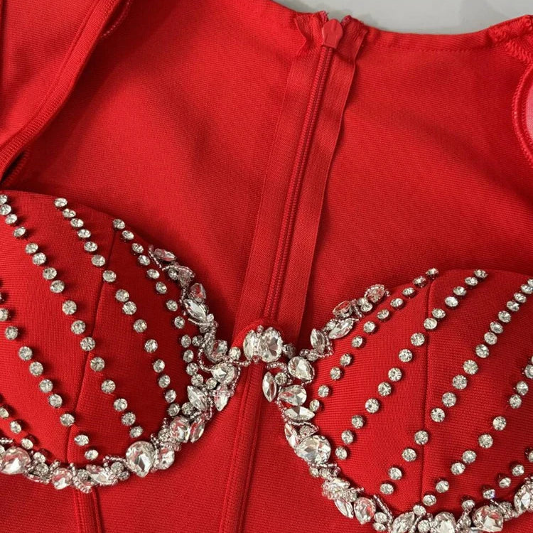 Radiant Red Long Sleeved Midi Dress with Crystal Embellishments for a Gala Event Evening Gown