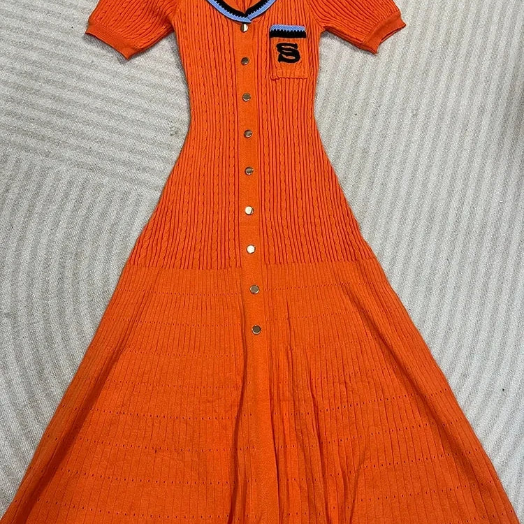 Elegant Women's Slim Fit Knitted Dress Fashionable Polo Neck Short Sleeve Single breasted Design Split Knitted Mid length Dress Short sleeved orange