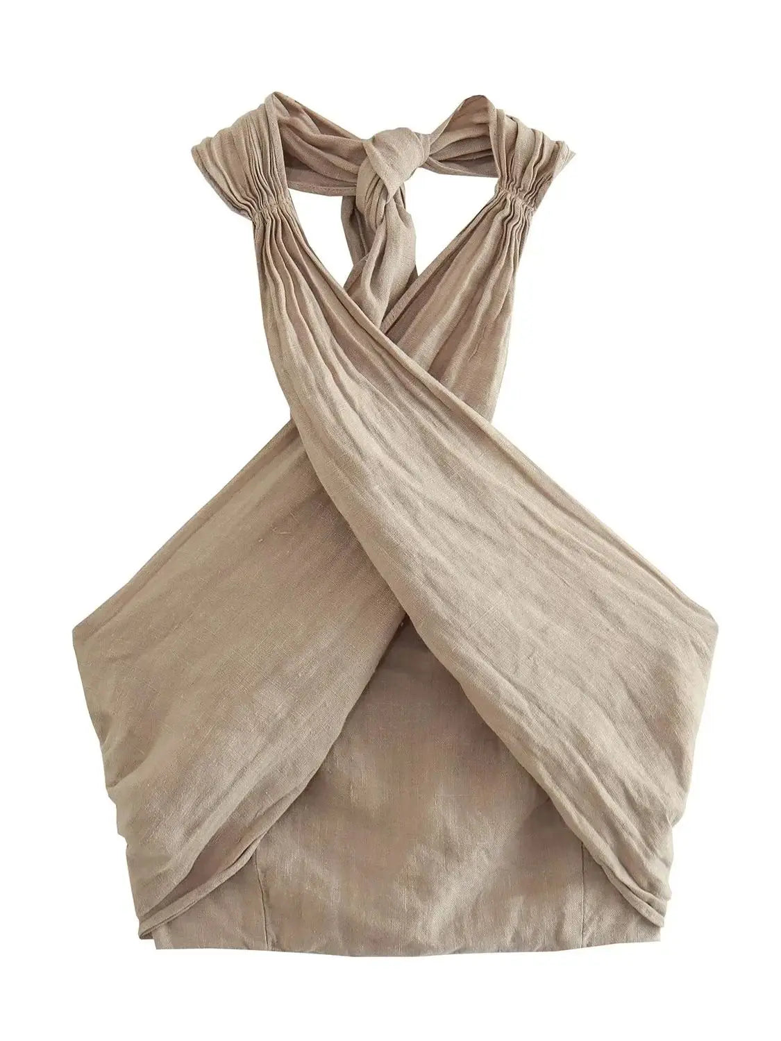 KONDALA Streetwear Khaki Linen Suits Women Sleeveless Halter Sexy Crop Tops Women+High Waist Wide Leg Pants Fashion Sets Khaki Top