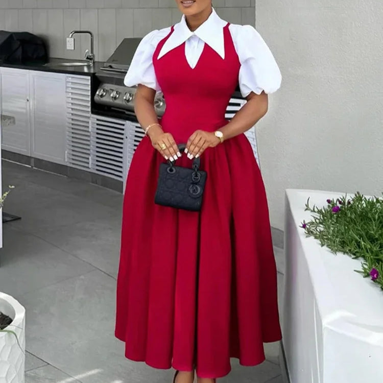 CM.YAYA Short Puff Sleeve Sweet Slim Long Women Shirt Dress High Waist Ruched Pleated Beach Streetwear Maxi Big Swing Dresses